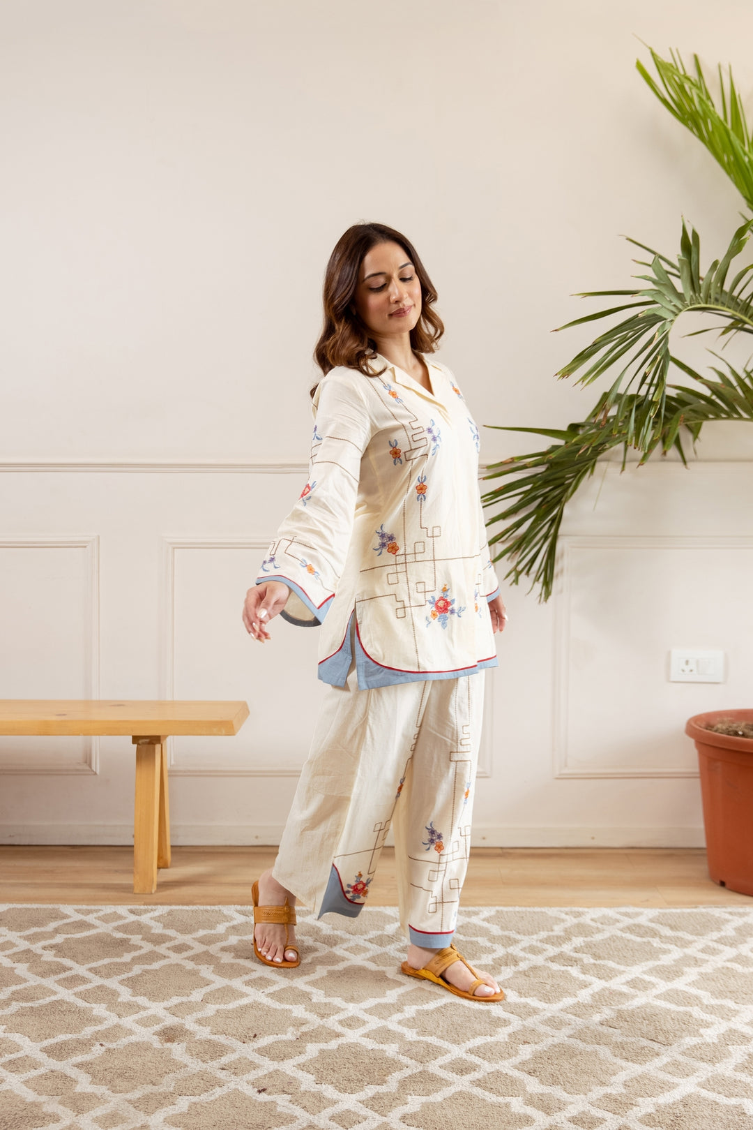 Nehamta Women's Off White Cotton Shirt with Palazzo Co-Ords Set