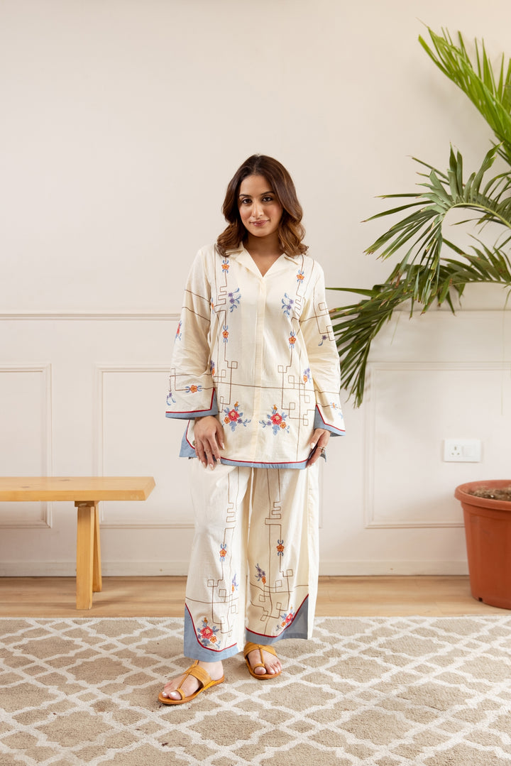 Nehamta Women's Off White Cotton Shirt with Palazzo Co-Ords Set