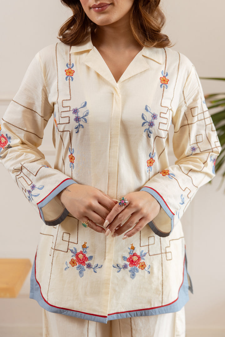 Nehamta Women's Off White Cotton Shirt with Palazzo Co-Ords Set