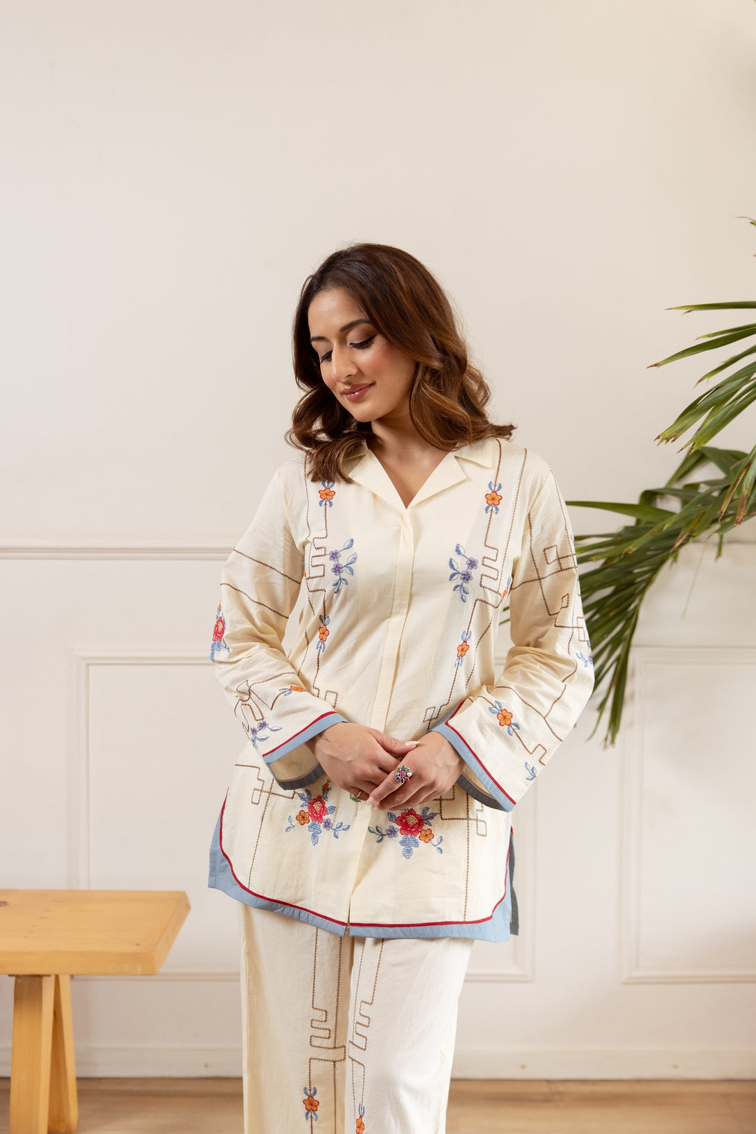 Nehamta Women's Off White Cotton Shirt with Palazzo Co-Ords Set