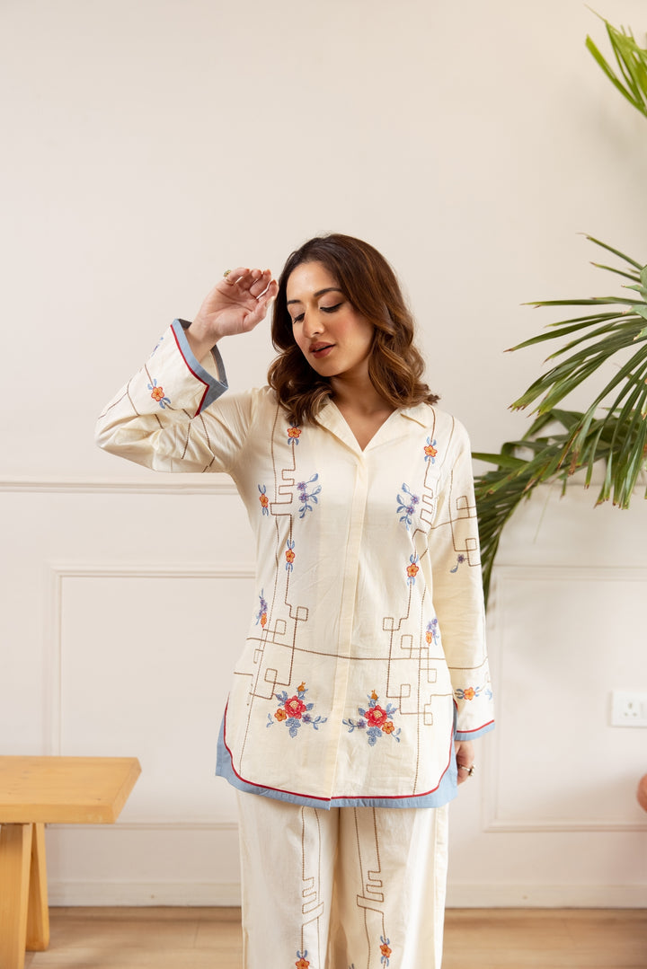 Nehamta Women's Off White Cotton Shirt with Palazzo Co-Ords Set