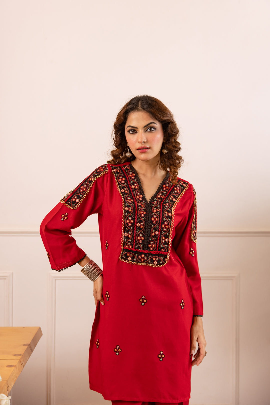 Nehamta Women's Red German Rayon Tunic with Palazzo Co-Ords Set