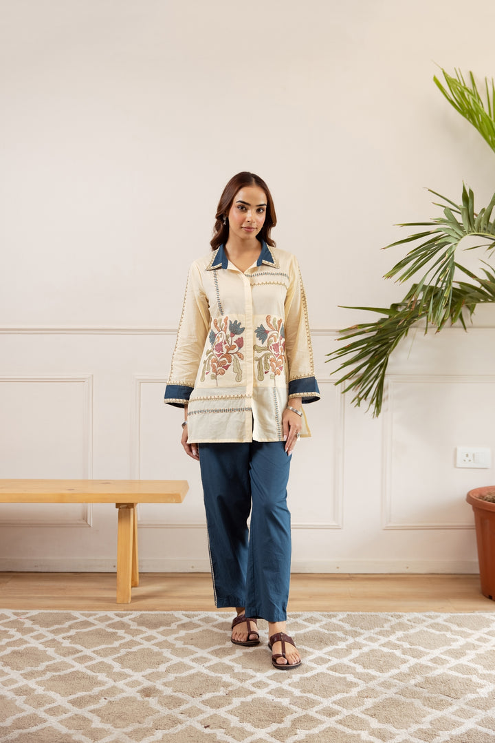 Nehamta Women's Off White Cotton Tunic with Pant Co-Ords Set