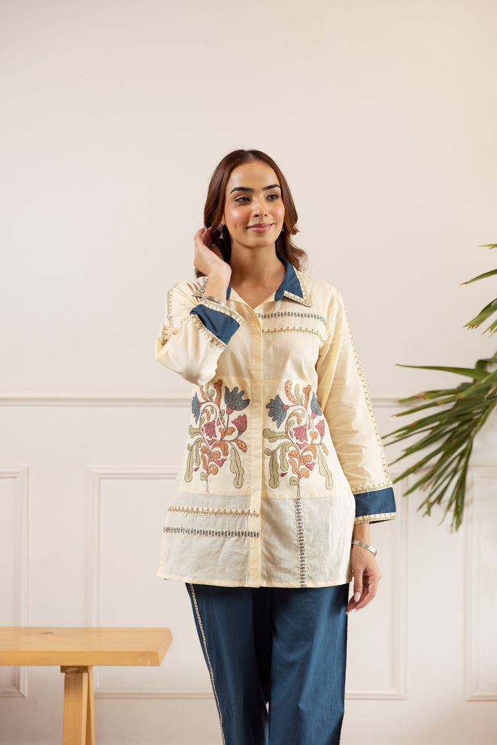 Nehamta Women's Off White Cotton Tunic with Pant Co-Ords Set