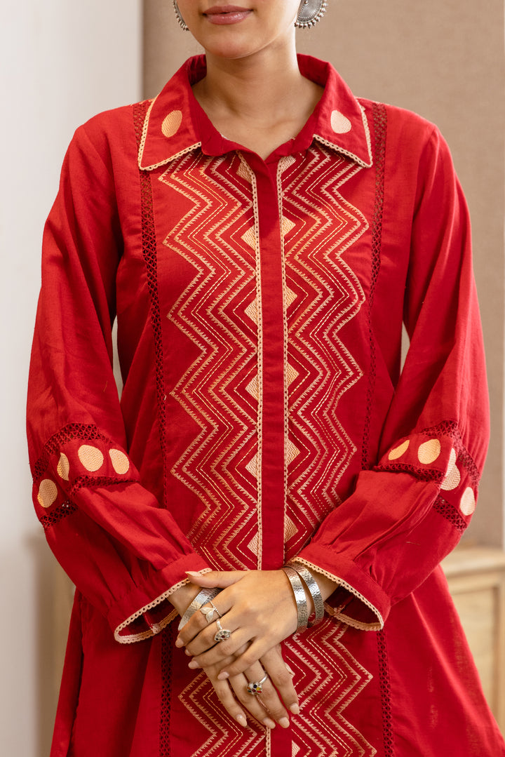 Nehamta Women's Red Cotton Kurta & Pant Set