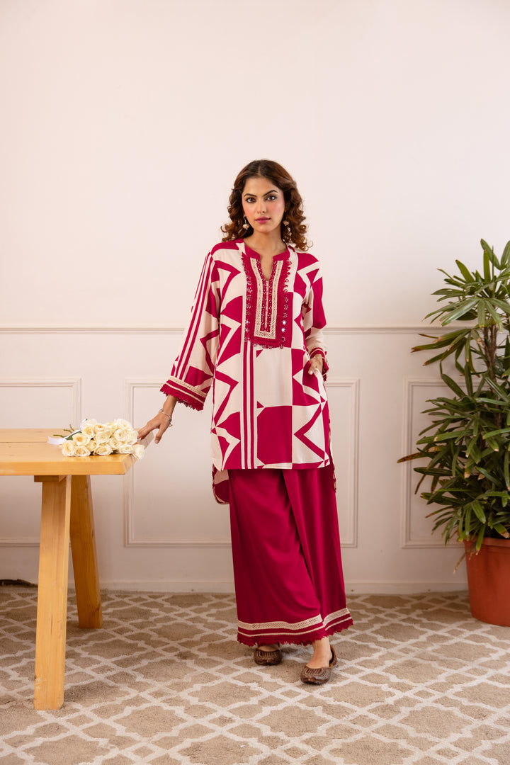 Nehamta Women's Maroon German Rayon Tunic with Palazzo Co-Ords Set