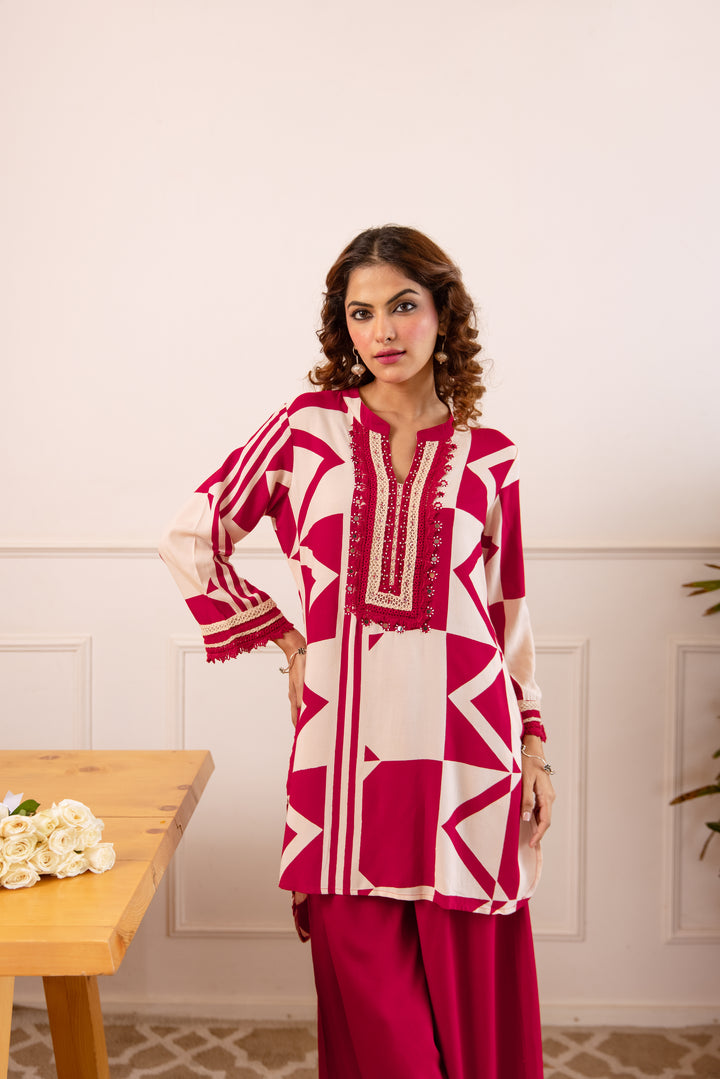 Nehamta Women's Maroon German Rayon Tunic with Palazzo Co-Ords Set