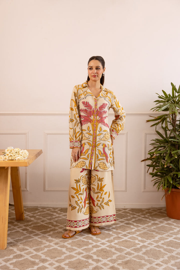 Nehamta Women's Beige German Rayon Shirt with Palazzo Co-Ords Set