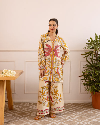 Nehamta Women's Beige German Rayon Shirt with Palazzo Co-Ords Set
