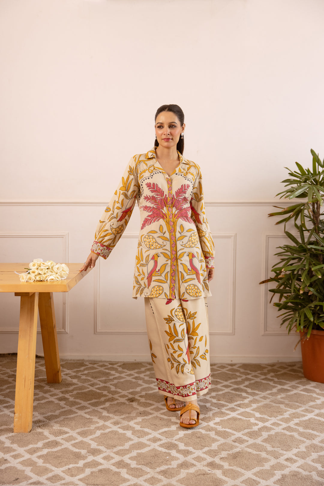 Nehamta Women's Beige German Rayon Shirt with Palazzo Co-Ords Set