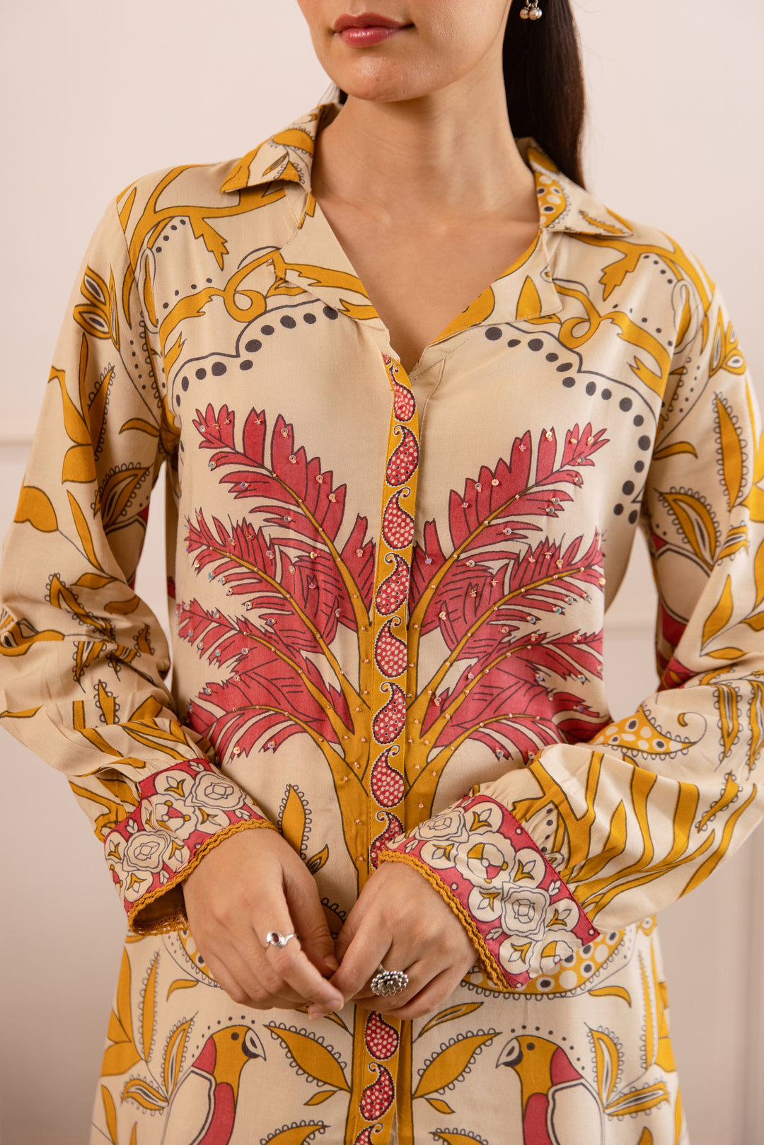 Nehamta Women's Beige German Rayon Shirt with Palazzo Co-Ords Set