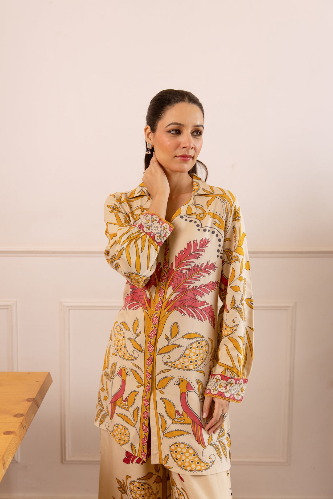 Nehamta Women's Beige German Rayon Shirt with Palazzo Co-Ords Set