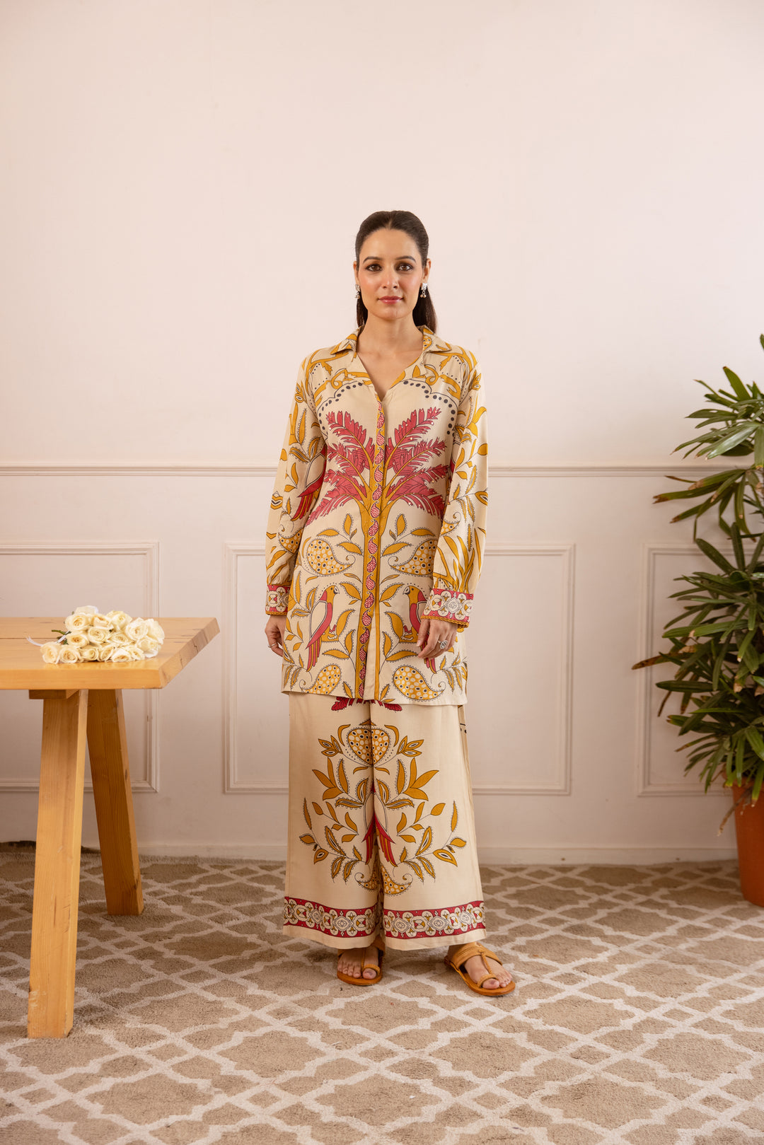 Nehamta Women's Beige German Rayon Shirt with Palazzo Co-Ords Set