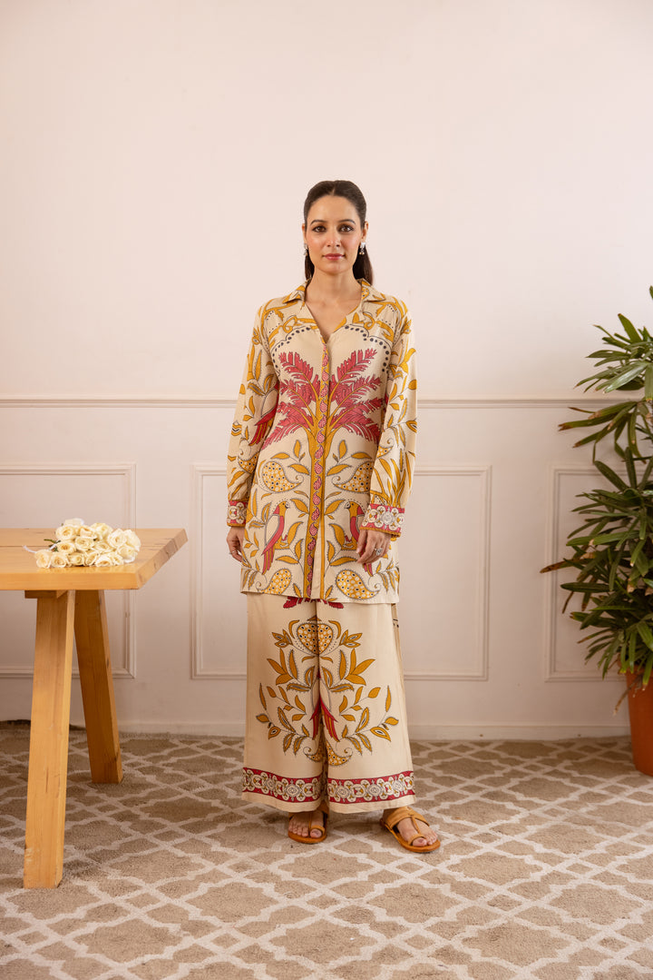 Nehamta Women's Beige German Rayon Shirt with Palazzo Co-Ords Set