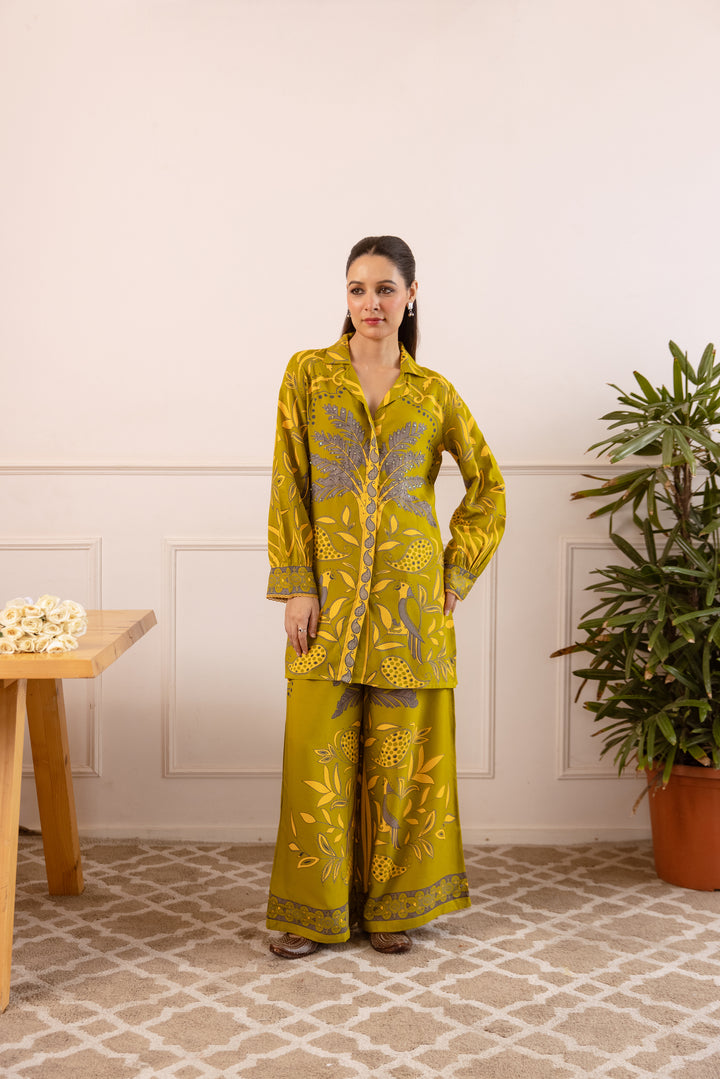 Nehamta Women's Olive German Rayon Shirt with Palazzo Co-Ords Set