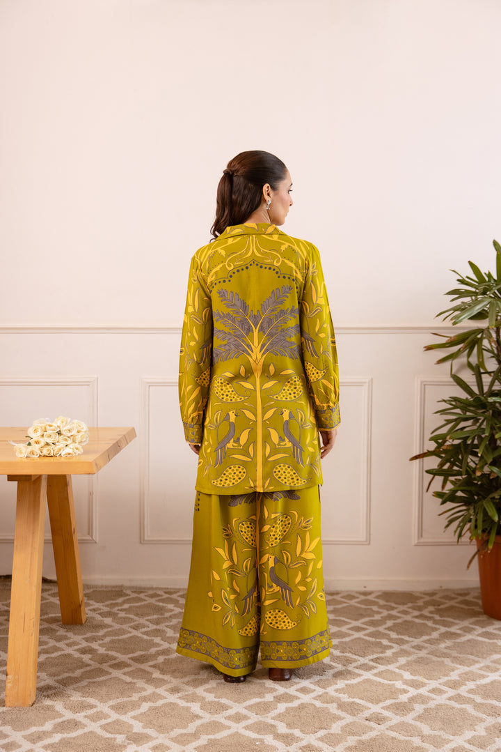 Nehamta Women's Olive German Rayon Shirt with Palazzo Co-Ords Set