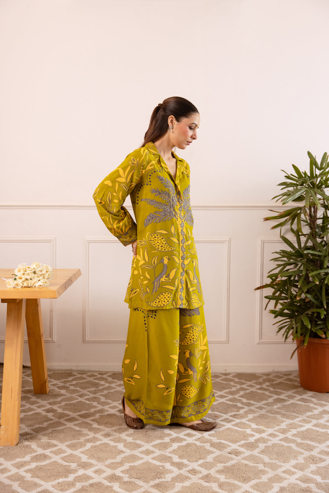 Nehamta Women's Olive German Rayon Shirt with Palazzo Co-Ords Set