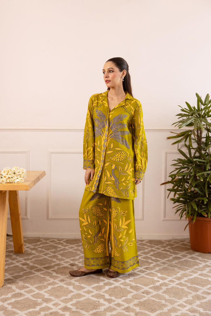 Nehamta Women's Olive German Rayon Shirt with Palazzo Co-Ords Set