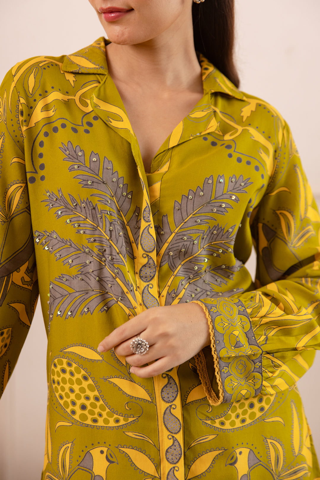 Nehamta Women's Olive German Rayon Shirt with Palazzo Co-Ords Set