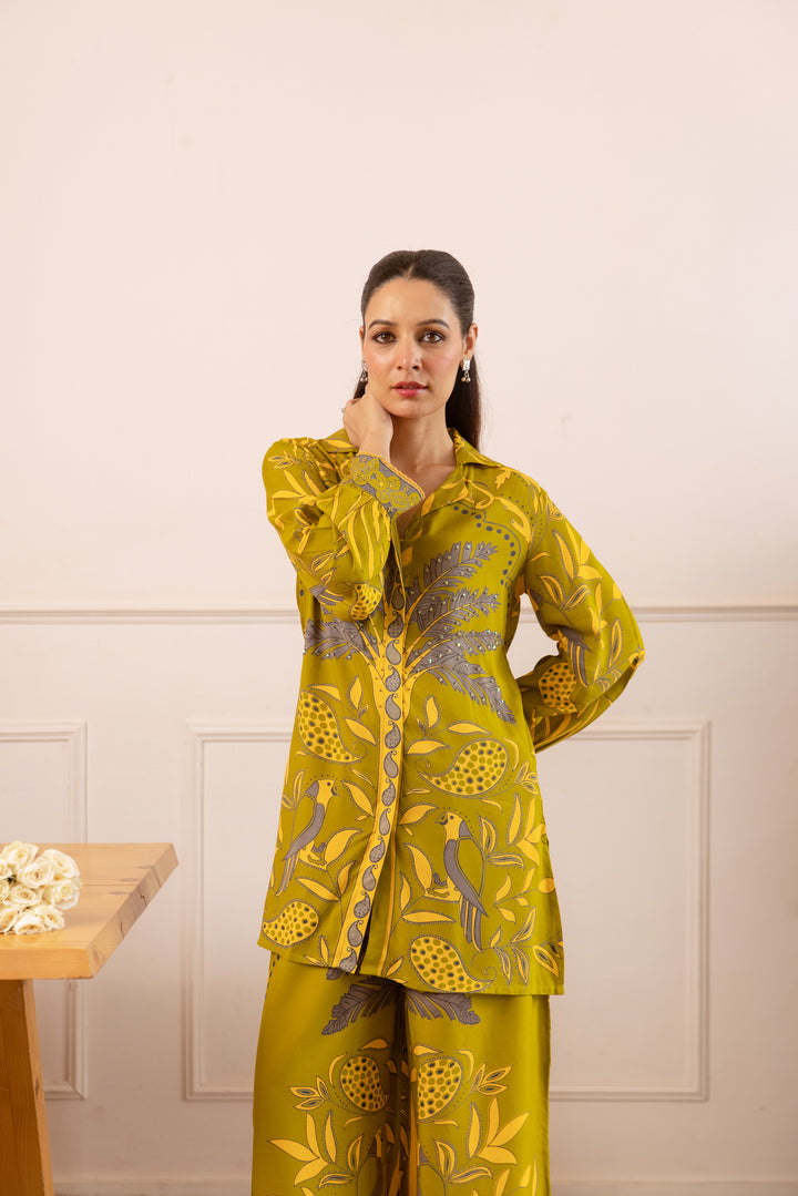 Nehamta Women's Olive German Rayon Shirt with Palazzo Co-Ords Set