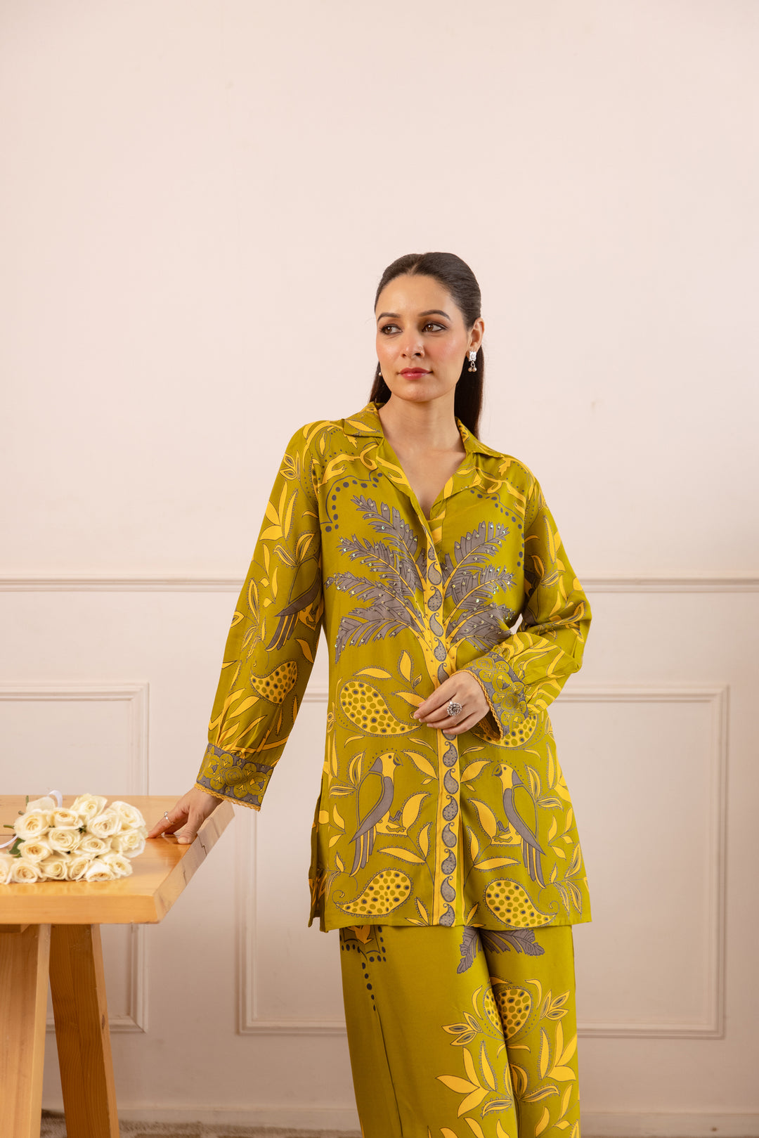 Nehamta Women's Olive German Rayon Shirt with Palazzo Co-Ords Set