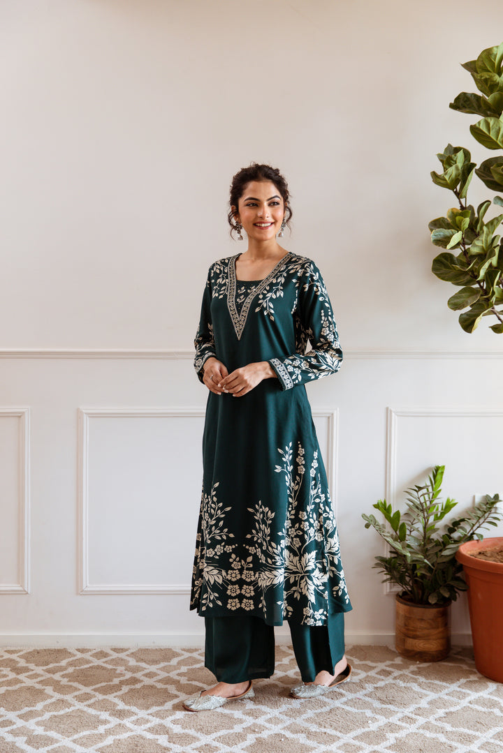 Nehamta Women's Teal German Rayon Kurta & Palazzo Set