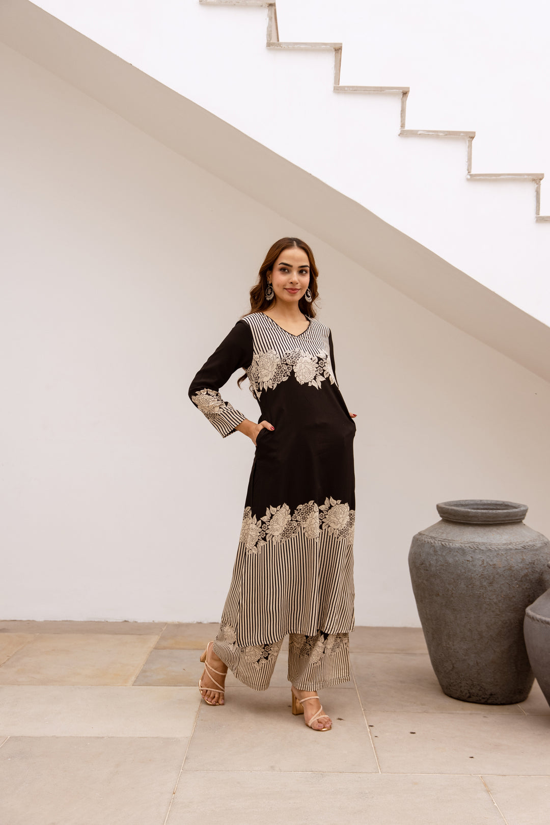 Nehamta Women's Black German Rayon Kurta & Palazzo Set