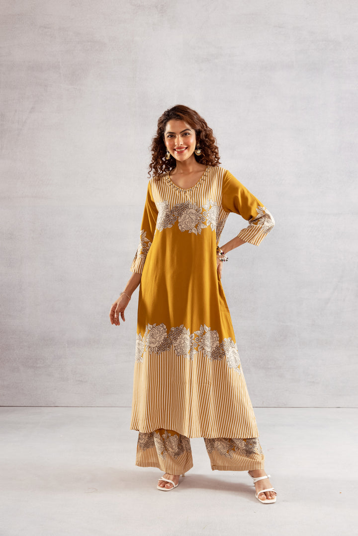 Nehamta Women's Mustard German Rayon Kurta & Palazzo Set