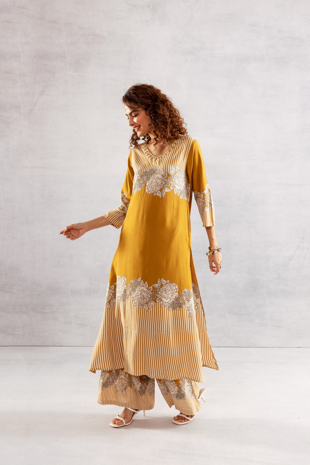 Nehamta Women's Mustard German Rayon Kurta & Palazzo Set