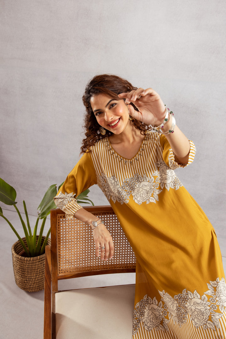 Nehamta Women's Mustard German Rayon Kurta & Palazzo Set