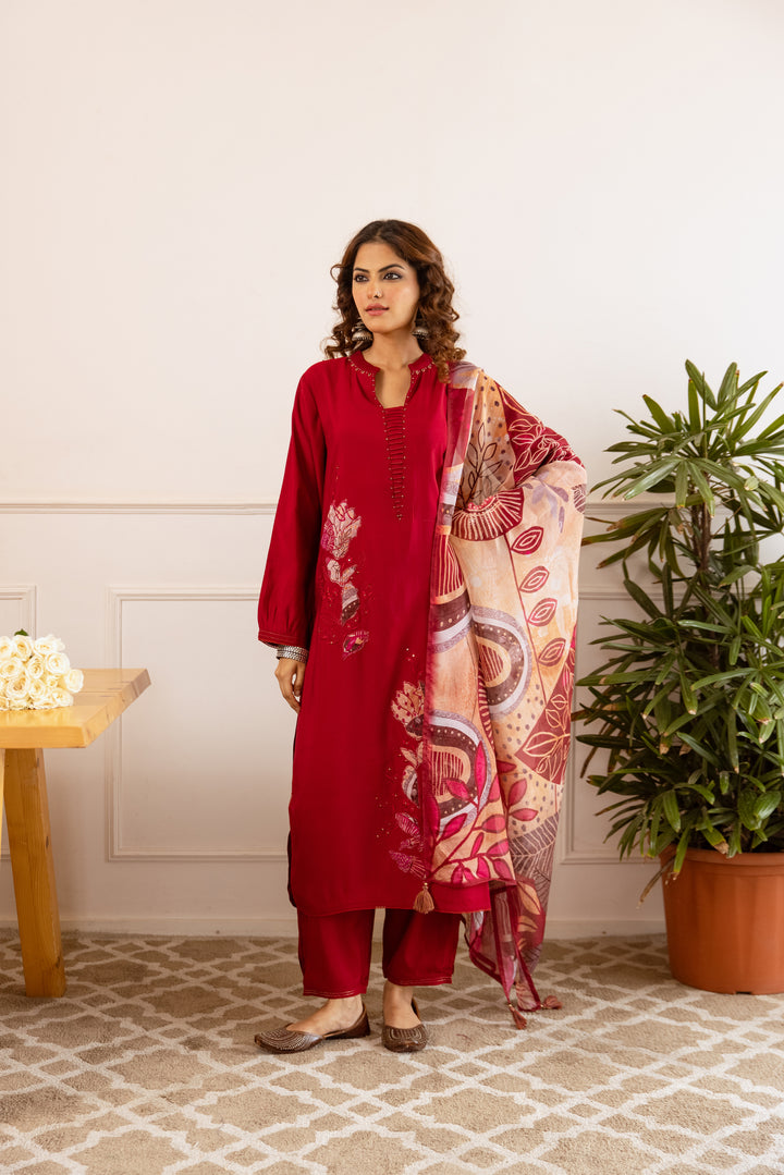 Nehamta Women's Maroon Modal Muslin Kurta with Pant & Dupatta