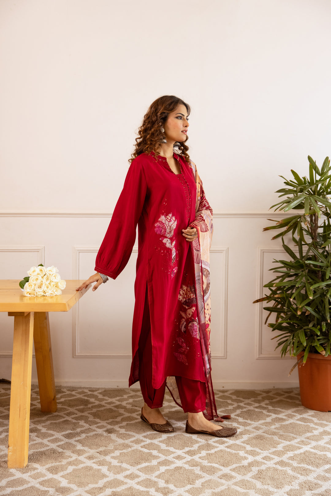 Nehamta Women's Maroon Modal Muslin Kurta with Pant & Dupatta