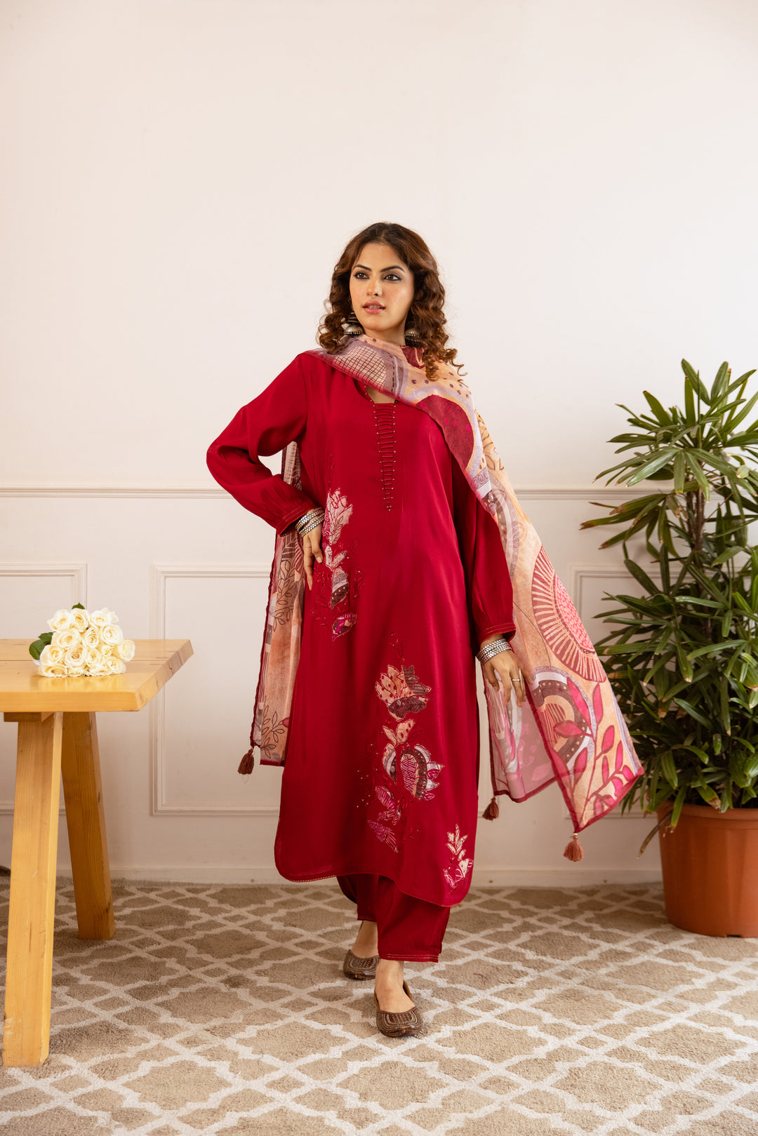 Nehamta Women's Maroon Modal Muslin Kurta with Pant & Dupatta