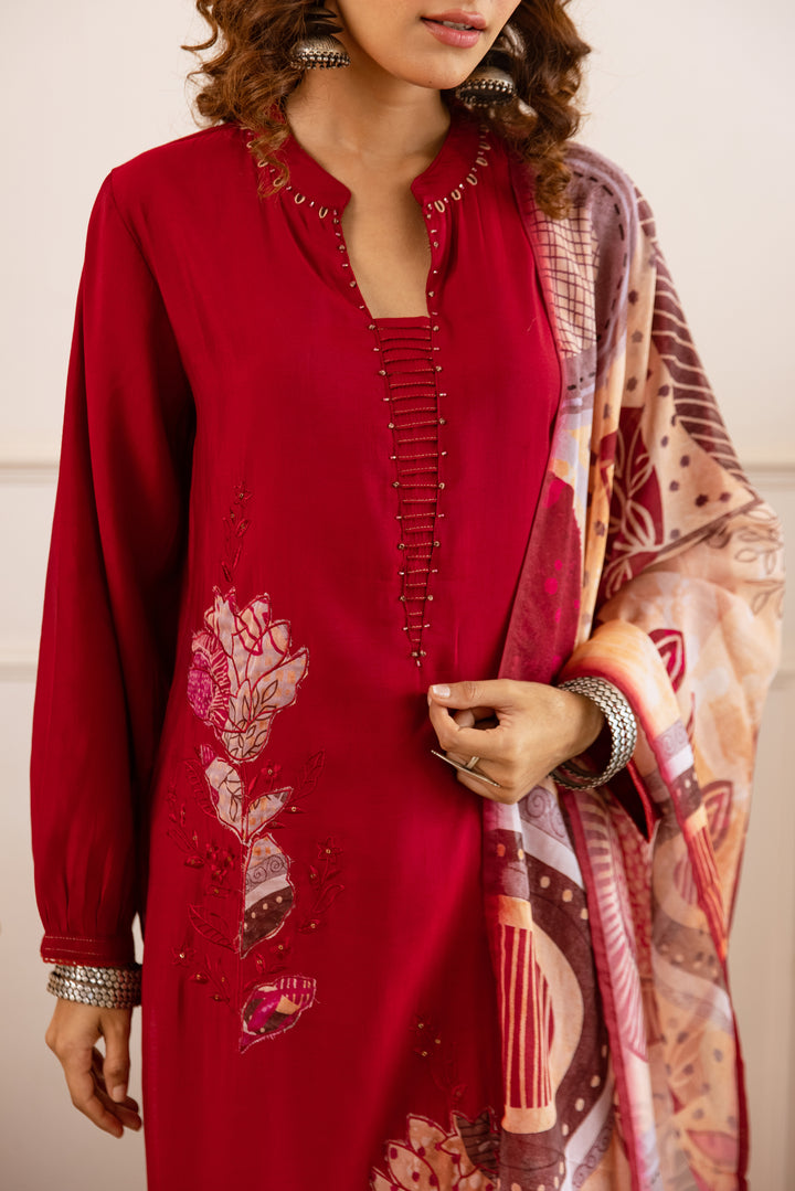 Nehamta Women's Maroon Modal Muslin Kurta with Pant & Dupatta