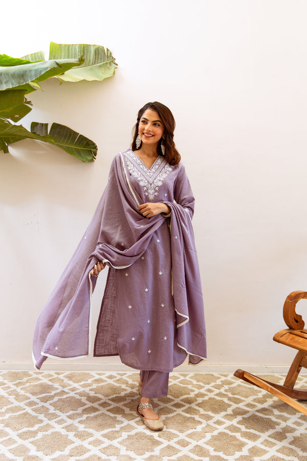 Nehamta Women's Mauve Cotton Slub Kurta with Pant & Dupatta