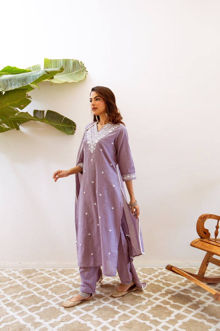 Nehamta Women's Mauve Cotton Slub Kurta with Pant & Dupatta
