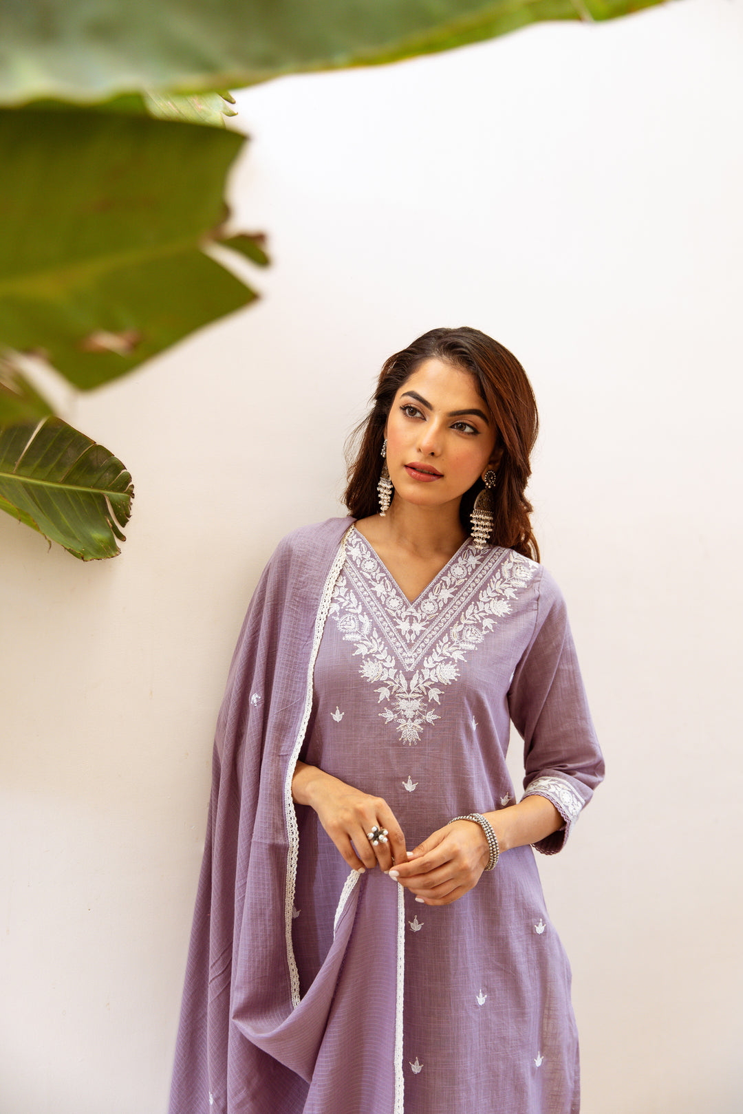 Nehamta Women's Mauve Cotton Slub Kurta with Pant & Dupatta