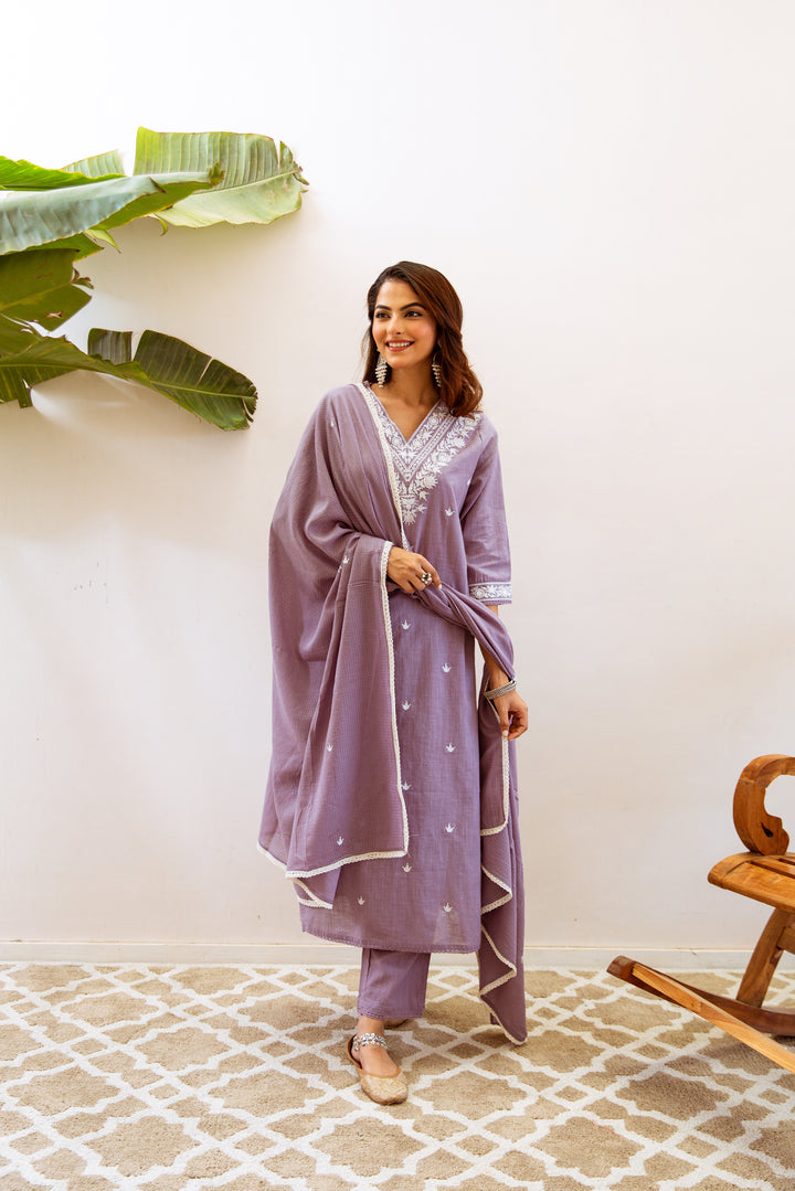 Nehamta Women's Mauve Cotton Slub Kurta with Pant & Dupatta