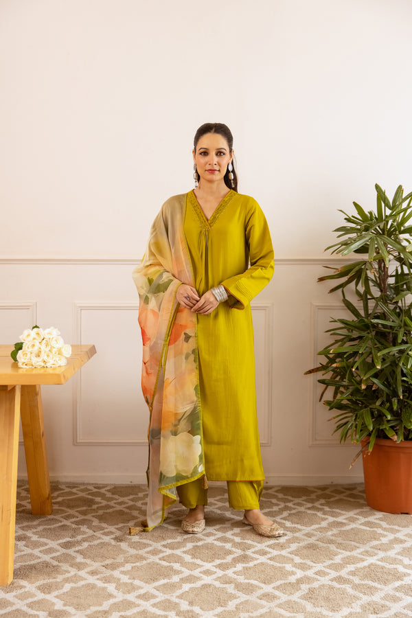 Nehamta Women's Lime Green Modal Muslin Kurta with Pant & Dupatta