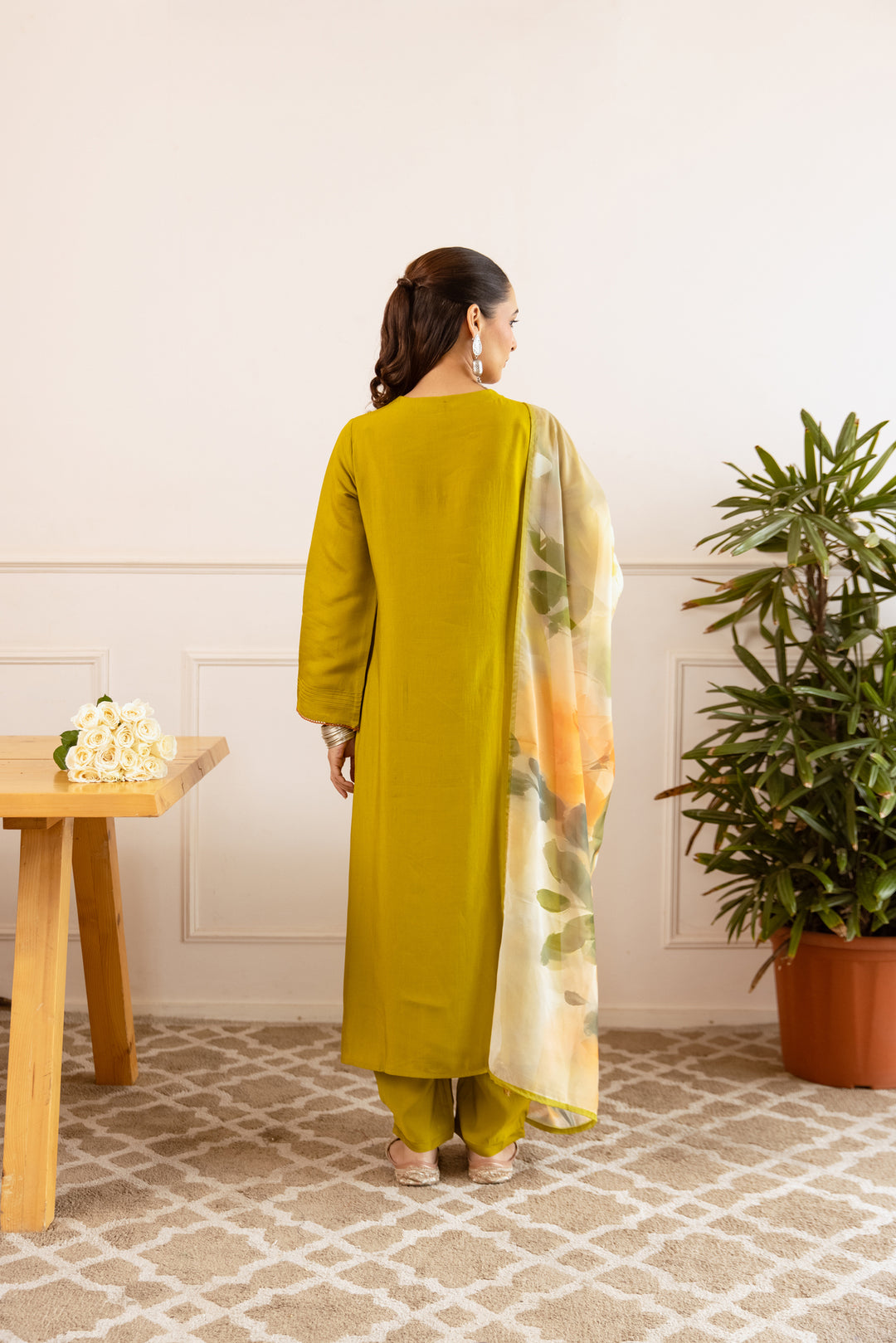 Nehamta Women's Lime Green Modal Muslin Kurta with Pant & Dupatta