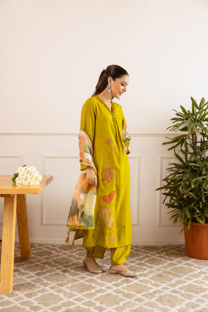 Nehamta Women's Lime Green Modal Muslin Kurta with Pant & Dupatta