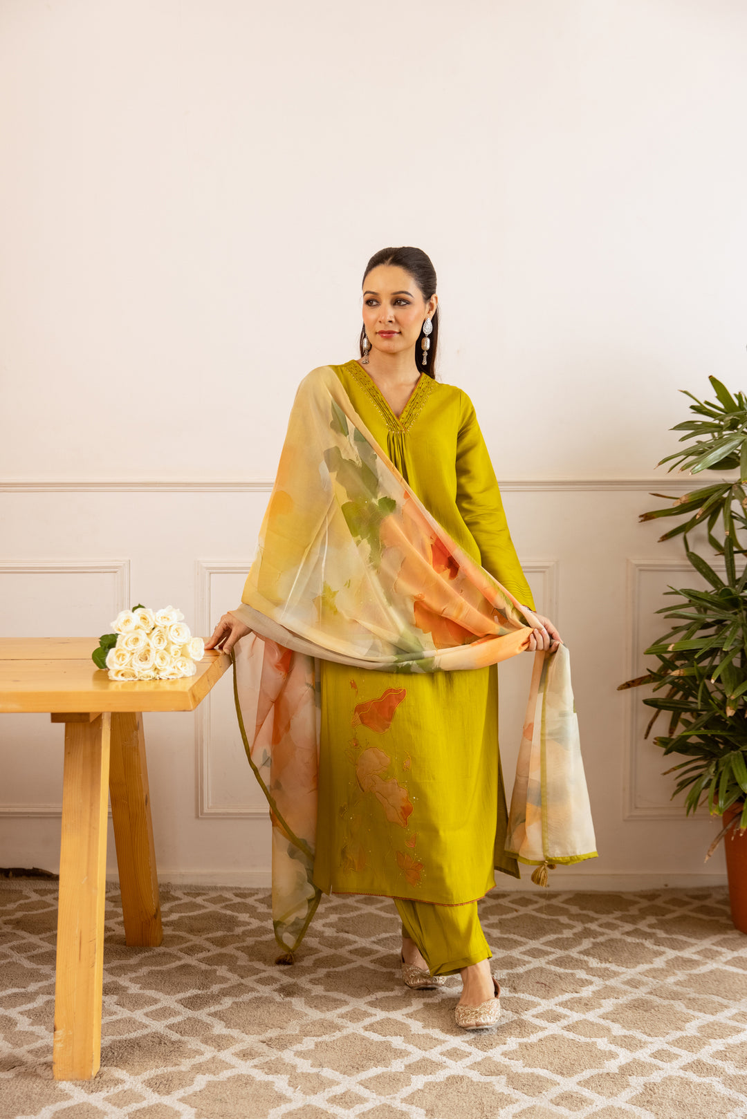 Nehamta Women's Lime Green Modal Muslin Kurta with Pant & Dupatta