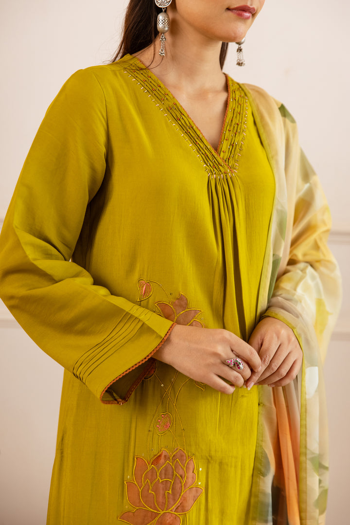 Nehamta Women's Lime Green Modal Muslin Kurta with Pant & Dupatta