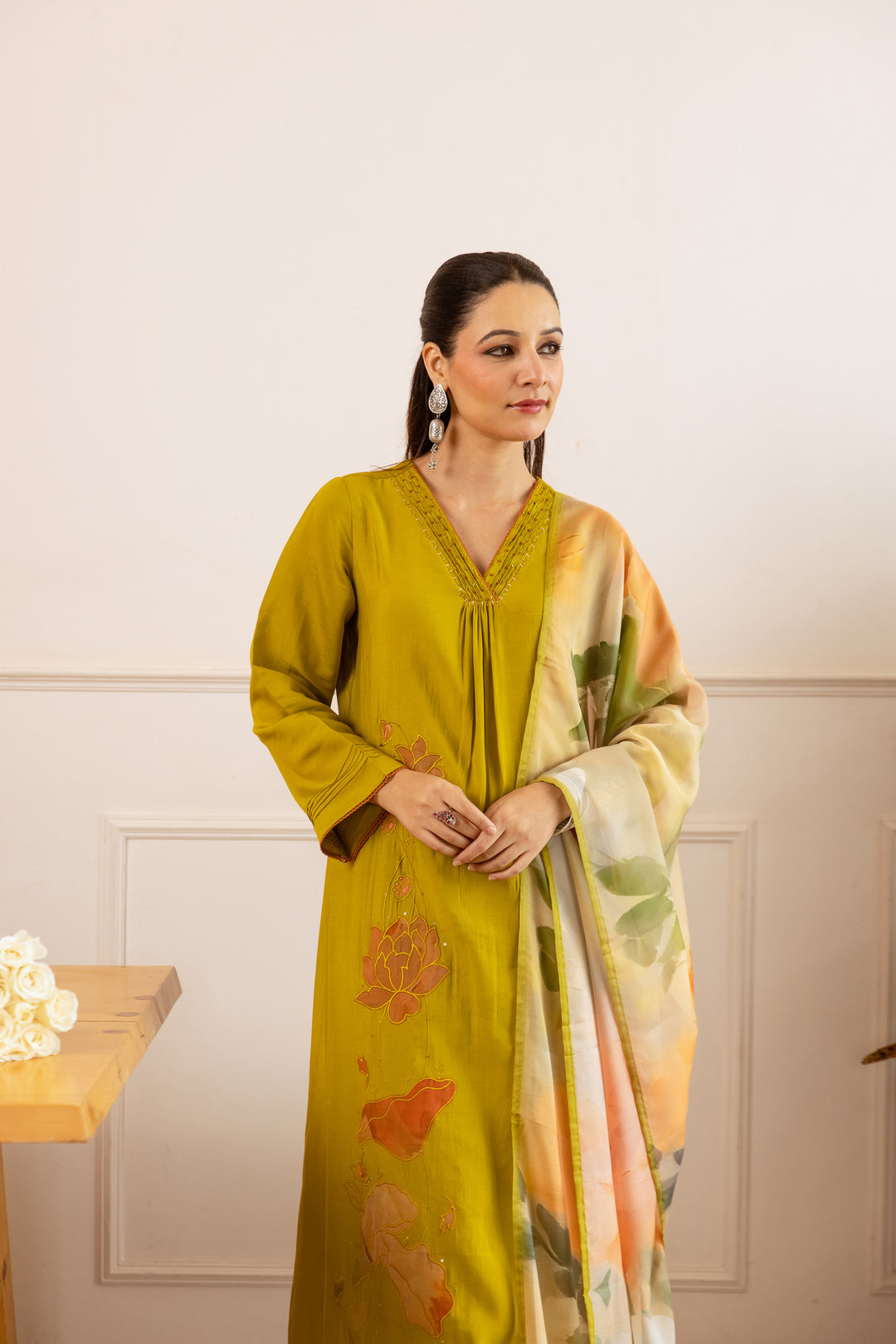 Nehamta Women's Lime Green Modal Muslin Kurta with Pant & Dupatta