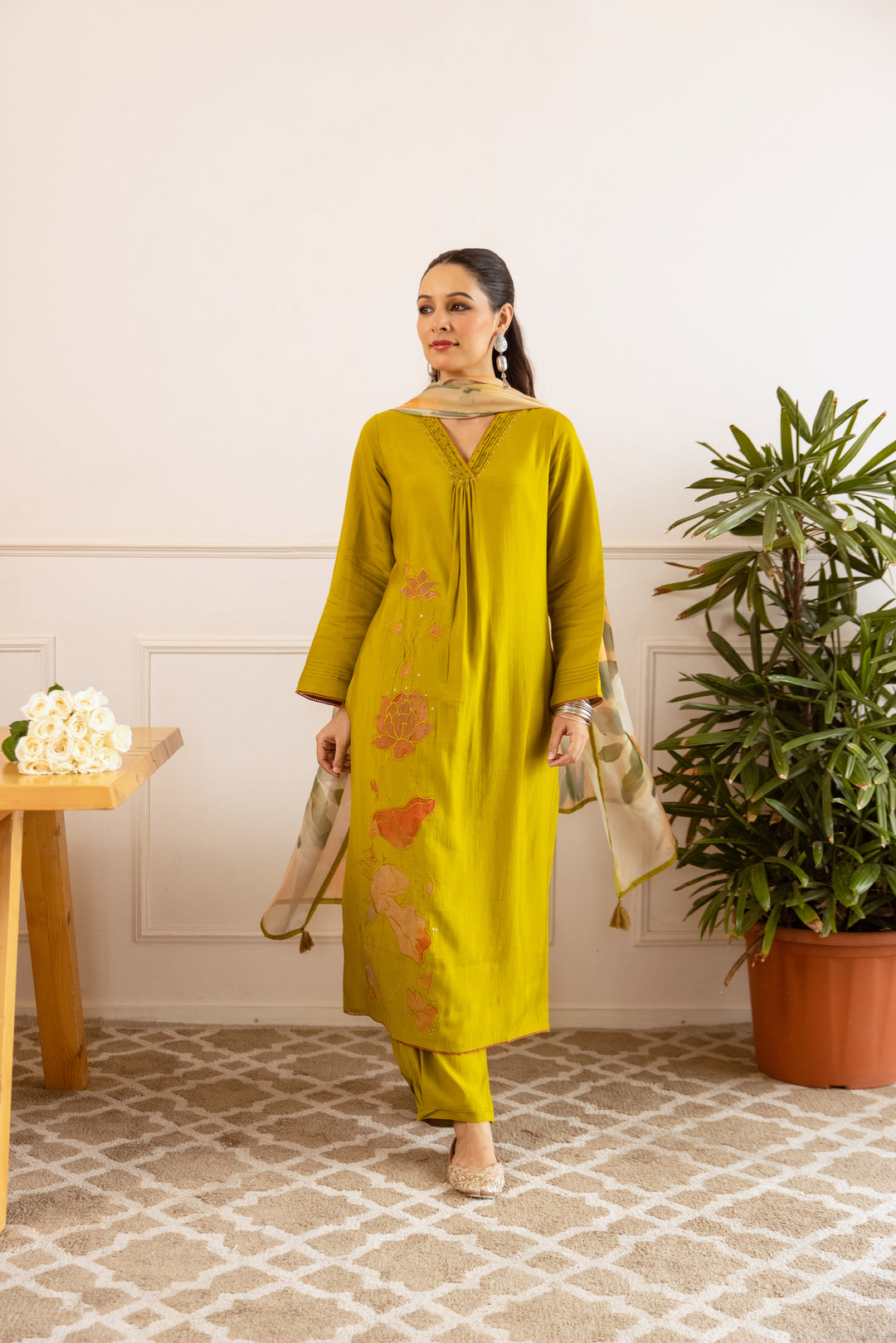 Nehamta Women's Lime Green Modal Muslin Kurta with Pant & Dupatta