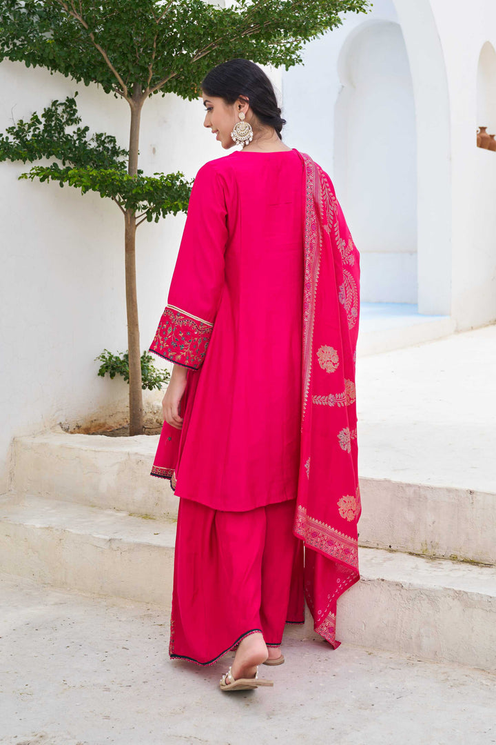 Nehamta Women's Pink Modal Muslin Kurta with Palazzo & Dupatta