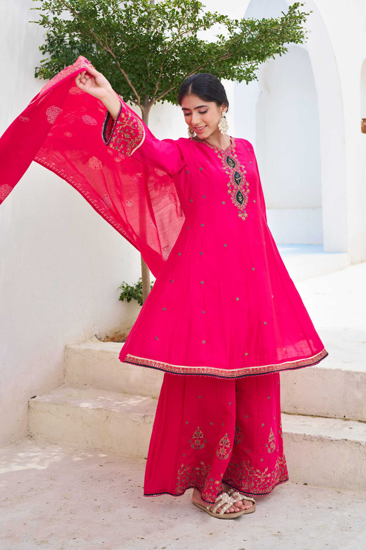 Nehamta Women's Pink Modal Muslin Kurta with Palazzo & Dupatta