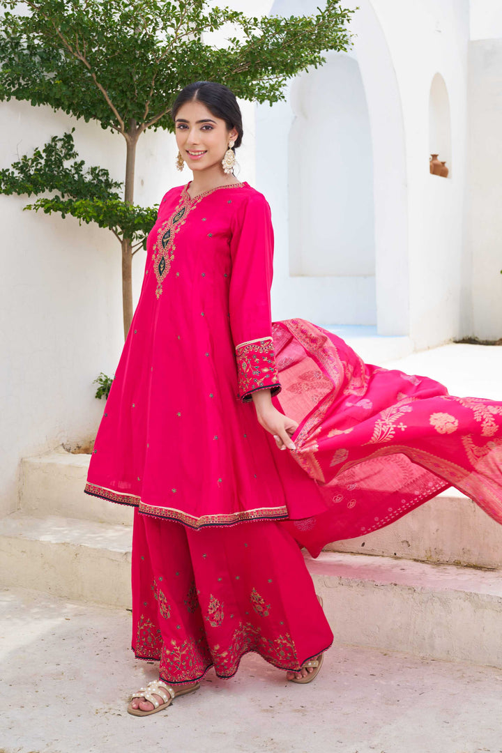 Nehamta Women's Pink Modal Muslin Kurta with Palazzo & Dupatta