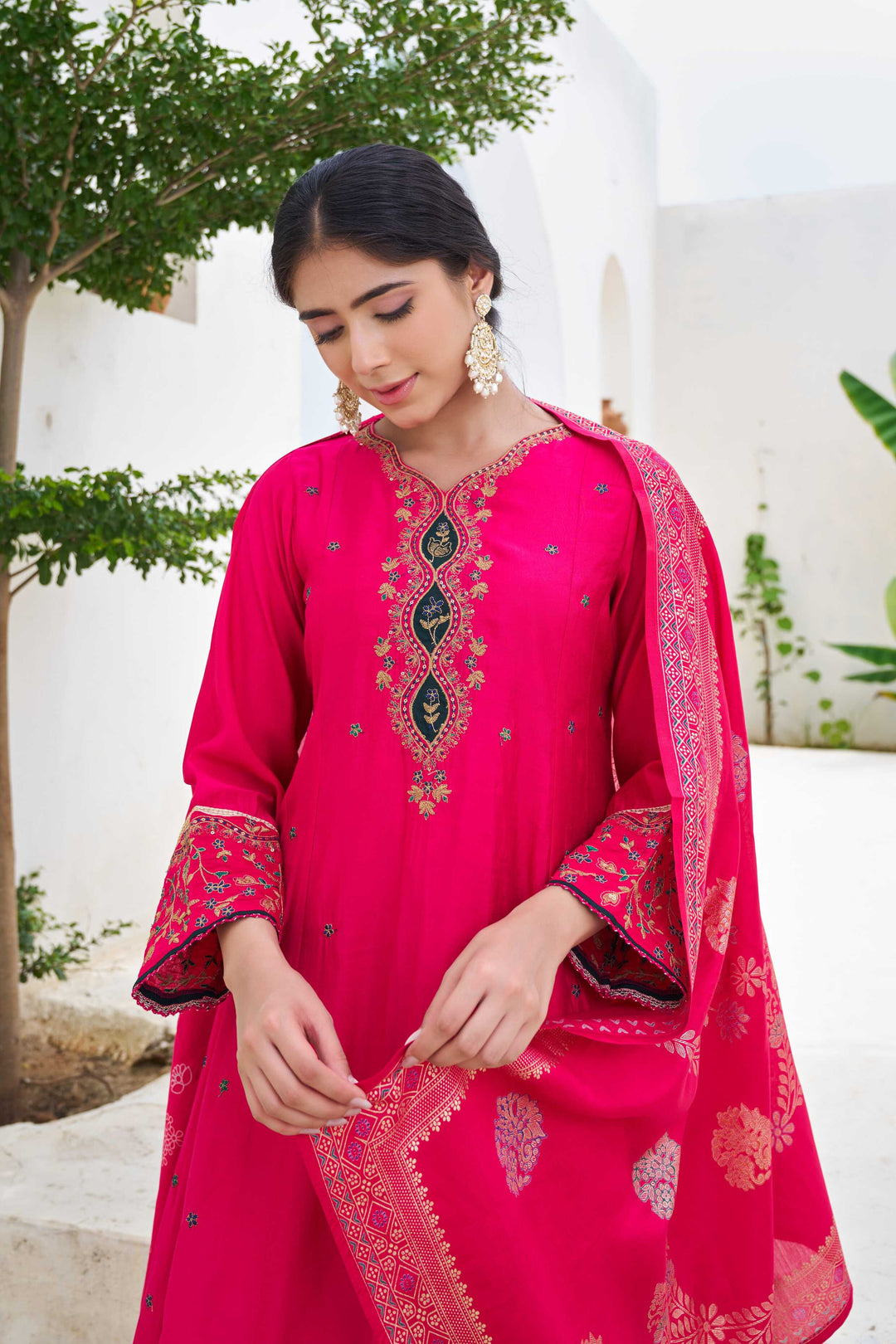 Nehamta Women's Pink Modal Muslin Kurta with Palazzo & Dupatta