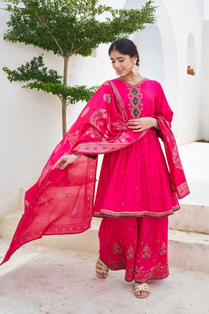 Nehamta Women's Pink Modal Muslin Kurta with Palazzo & Dupatta